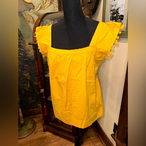 EUC J. Crew Square Neck Pom Pom Cotton Poplin Blouse Top mustard  Yellow SZ 4 - Picture 1 of 12